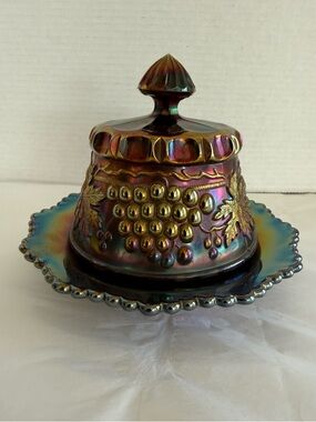 Antique Northwood Amethyst Carnival Glass Covered Butter Dish Grape and Cable